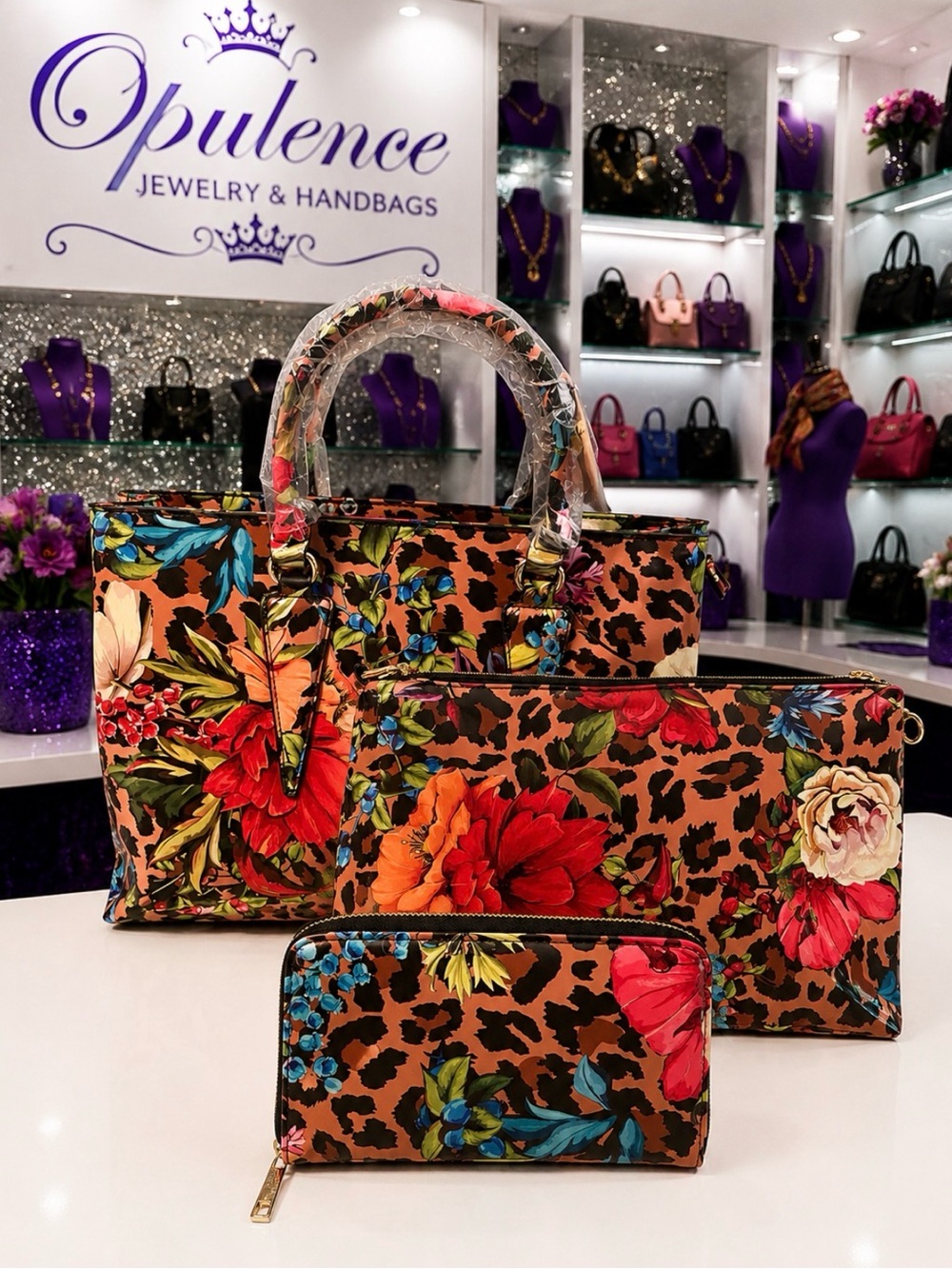 3pc  Floral Leopard Print Tote and Pouch Set - Brown Multi